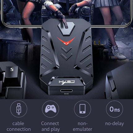 HXSJ Keyboard Mouse Converter Set with One-Handed Gaming Keyboard shown with converter hub, one-handed keyboard and mouse in gaming setup
