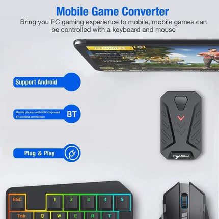 HXSJ Keyboard Mouse Converter Set with One-Handed Gaming Keyboard showing converter, one-handed RGB keyboard and gaming mouse for mobile and PC