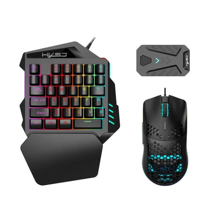 HXSJ One-Handed Keyboard and Gaming Mouse Converter Set compact RGB 35-key one-handed keyboard with ergonomic wrist rest and honeycomb gaming mouse