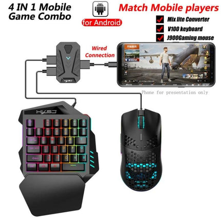 HXSJ One-Handed Keyboard and Gaming Mouse Converter Set shown with one-handed RGB keyboard, gaming mouse and wired converter connected to Android phone