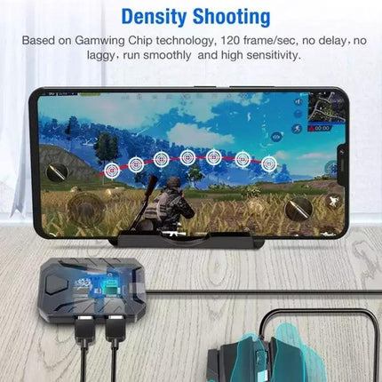 HXSJ One-Handed Keyboard and Gaming Mouse Converter Set connected to smartphone showing mobile shooter gameplay on stand