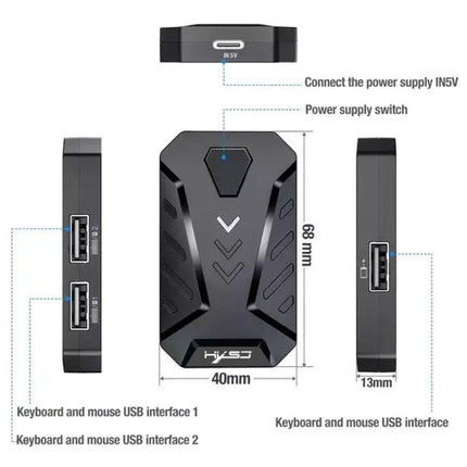 HXSJ One-Handed Keyboard and Gaming Mouse Converter Set compact hub with dual USB ports and power input, 68x40x13mm diagram
