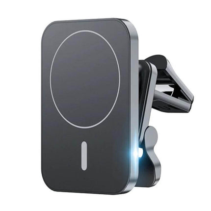 MagSafe Car Vent Wireless Charger With Magnetic Mount attached to car air vent showing magnetic wireless charging pad