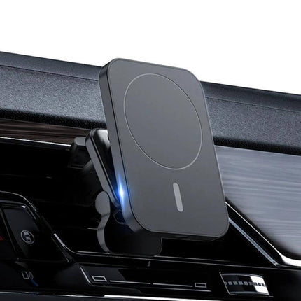 MagSafe Car Vent Wireless Charger With Magnetic Mount attached to car air vent supporting hands-free 15W wireless charging for navigation