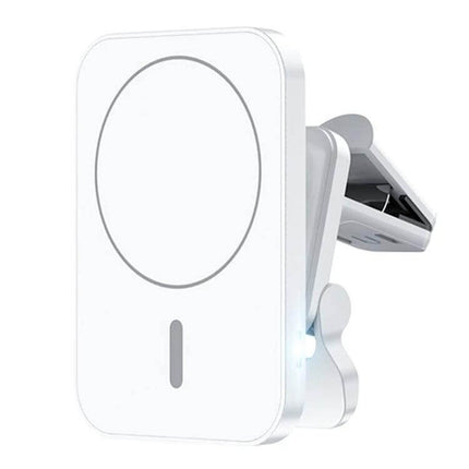 MagSafe Car Vent Wireless Charger With Magnetic Mount mounted on car air vent, white 15W magnetic wireless charging hands-free
