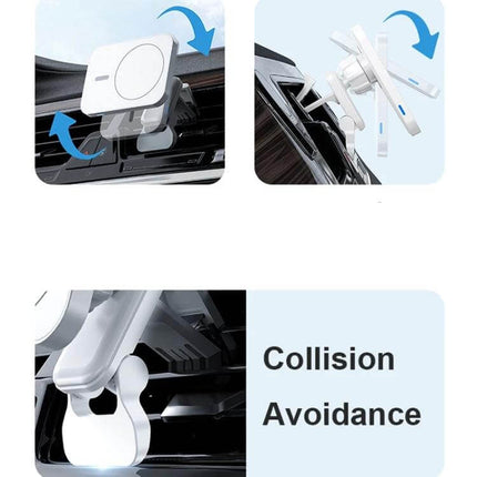 MagSafe Car Vent Wireless Charger With Magnetic Mount showing vent clip, 360° rotation, and collision avoidance design for hands-free charging