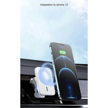 MagSafe Car Vent Wireless Charger With Magnetic Mount attached to vent holding iPhone 12 showing wireless charging