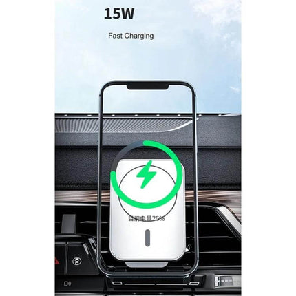 MagSafe Car Vent Wireless Charger With Magnetic Mount shown charging a smartphone at 15W on a car air vent for hands-free navigation and calls