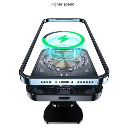 MagSafe Car Vent Wireless Charger With Magnetic Mount showing phone aligned for 15W wireless charging and magnetic vent mount