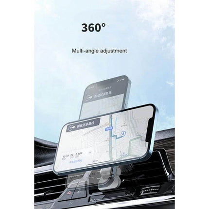 MagSafe Car Vent Wireless Charger With Magnetic Mount showing 360° multi-angle phone mount on car air vent, hands-free navigation and charging