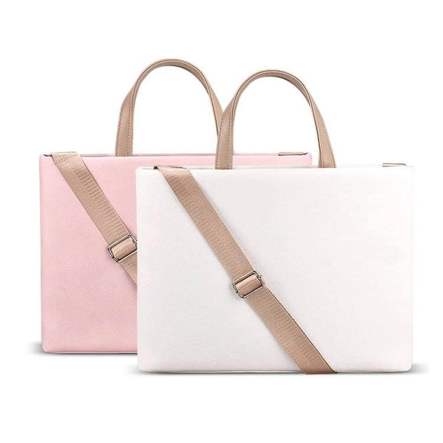 Lightweight Laptop Bag with Detachable Shoulder Strap for 15-Inch Devices in pink and white with beige handles and adjustable strap