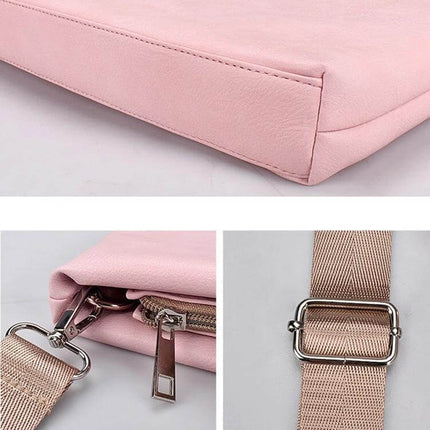 Lightweight Laptop Bag with Detachable Shoulder Strap for 15-Inch Devices in Pink showing corner, zipper and detachable strap hardware
