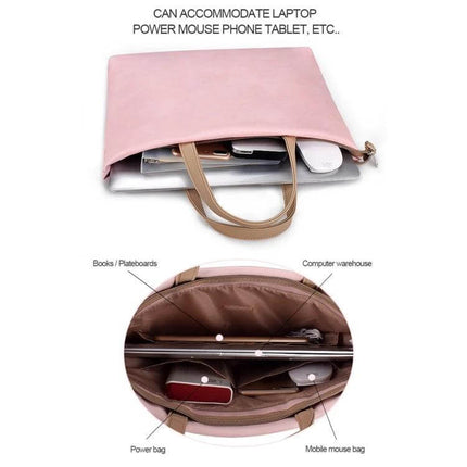 Lightweight Laptop Bag with Detachable Shoulder Strap for 15-Inch Devices in pink showing laptop, mouse and interior pockets