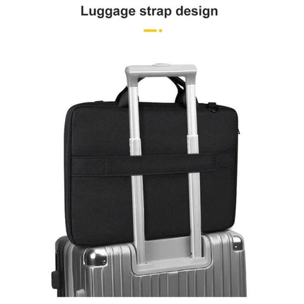 Polyester Laptop Bag with Detachable Shoulder Strap for 15.6-Inch Laptops mounted on suitcase trolley with luggage strap, water-resistant protection