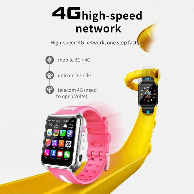 W5 Smart Watch for Everyday Connectivity and Tracking - pink smartwatch showing 4G high-speed network and app icons for notifications, GPS and activity tracking