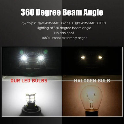 Car Turn Signal And Reverse Light LED Bulb For Everyday Driving White showing 360 degree beam angle comparison with halogen and LED brightness