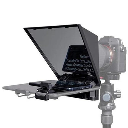 FEELWORLD TP2 Portable Teleprompter for SLR Video Recording mounted on tripod with smartphone and SLR camera for live broadcasts and interviews