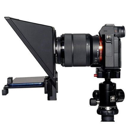 FEELWORLD TP2 Portable Teleprompter for SLR Video Recording mounted to mirrorless camera with tripod and phone script holder