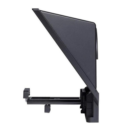 FEELWORLD TP2 Portable Teleprompter for SLR Video Recording showing side view with foldable hood and mount for SLR camera