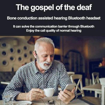 Open Ear Bone Conduction Headset For Running And Commuting worn by smiling man in cafe holding phone and coffee, showing open-ear use