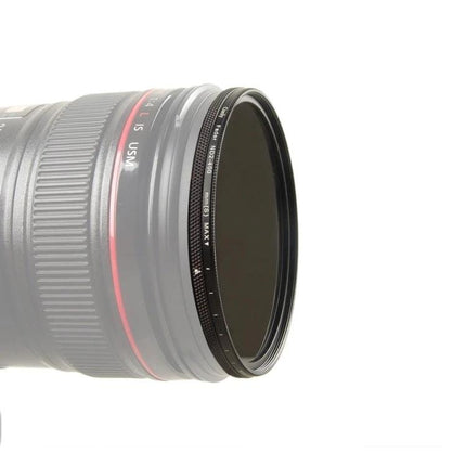 Cuely Adjustable Neutral Density Filter for Photo Shooting mounted on a DSLR lens showing ND ring and markings for outdoor long exposure