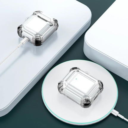 Protective Case Safeguards AirPods for Daily Activities and Travel shown clear case on wireless and wired chargers