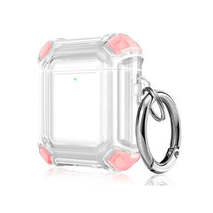 Protective Case Safeguards AirPods for Daily Activities and Travel clear shockproof case with pink corner guards and metal keyring