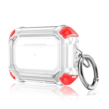 Protective Case Safeguards AirPods for Daily Activities and Travel clear rugged case with red corner guards and keyring