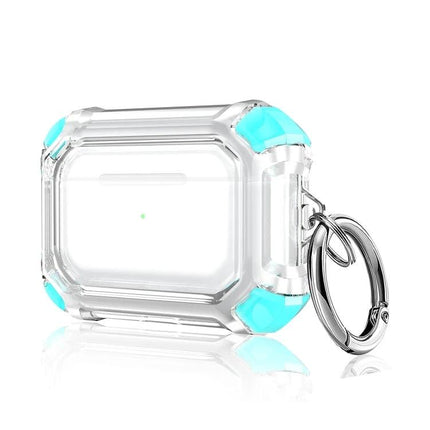 Protective Case Safeguards AirPods for Daily Activities and Travel - Clear TPU case with turquoise corner protectors and keyring