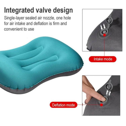 Outdoor Camping Inflatable Nap Waist Pillow For Travel inflatable U-shaped turquoise valve close-up showing intake and deflation modes