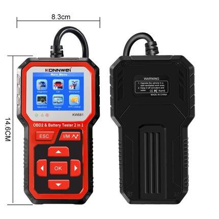 KONNWEI Device For Everyday Car Maintenance And Battery Checks handheld OBD2 battery tester showing front and back views