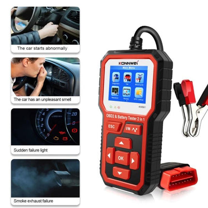 KONNWEI Device For Everyday Car Maintenance And Battery Checks handheld OBD2 battery tester showing screen, clamps and car diagnostics
