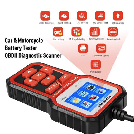 KONNWEI Device For Everyday Car Maintenance And Battery Checks handheld OBDII diagnostic scanner showing battery test and menu icons