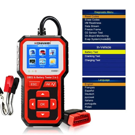 KONNWEI Device For Everyday Car Maintenance And Battery Checks handheld OBD2 battery tester showing menu and clips