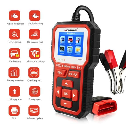 KONNWEI Device For Everyday Car Maintenance And Battery Checks handheld OBD2 battery tester with clamps and icons