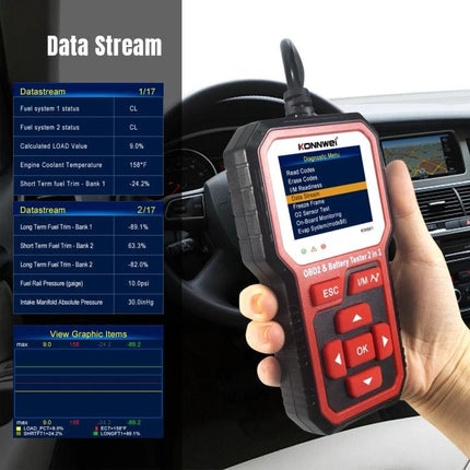 KONNWEI Device For Everyday Car Maintenance And Battery Checks handheld OBD2 scanner showing diagnostic menu and datastream in car