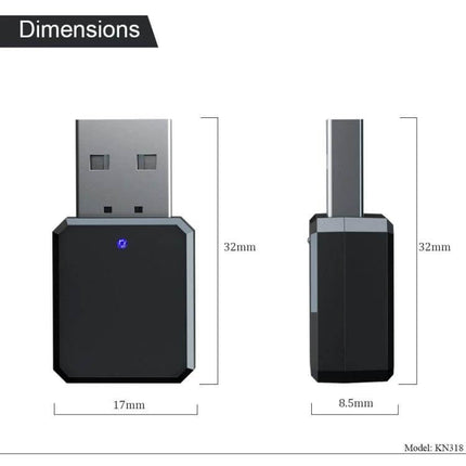KN318 USB Bluetooth 5.1 Adapter for Wireless Car Audio black compact USB dongle with dimensions 32mm x 17mm x 8.5mm and LED indicator