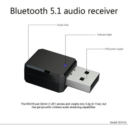 KN318 USB Bluetooth 5.1 Adapter for Wireless Car Audio - compact USB audio receiver with indicator light and built-in mic for hands-free calling