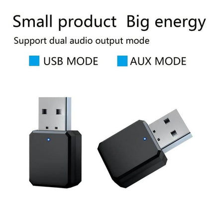 KN318 USB Bluetooth 5.1 Adapter for Wireless Car Audio showing dual USB and AUX mode with built-in mic for hands-free calls