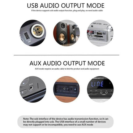 KN318 USB Bluetooth 5.1 Adapter for Wireless Car Audio showing USB and AUX audio output modes and built-in microphone for hands-free calls