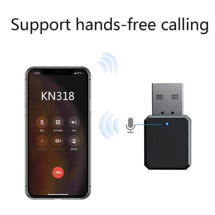 KN318 USB Bluetooth 5.1 Adapter for Wireless Car Audio showing phone call and hands-free microphone connection