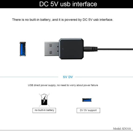 KN318 USB Bluetooth 5.1 Adapter for Wireless Car Audio showing DC 5V USB interface and cable with no built-in battery, supports USB direct power supply