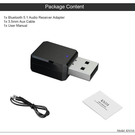 KN318 USB Bluetooth 5.1 Adapter for Wireless Car Audio shown with USB dongle, 3.5mm aux cable and user manual for in-car wireless streaming