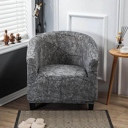 Elastic All Inclusive Semicircle Printed Grey Sofa Cover on grey patterned armchair in modern living room