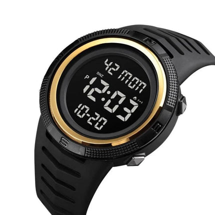 SKMEI Dual Time Display Luminous Watch with Alarm Function black digital watch showing dual time and luminous display with gold bezel