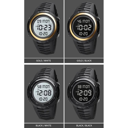 SKMEI Dual Time Display Luminous Watch with Alarm Function - four color variants showing dual-time digital face, luminous display and alarm features