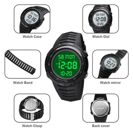 SKMEI Dual Time Display Luminous Watch with Alarm Function showing black sport strap, luminous green dual time dial and labeled components