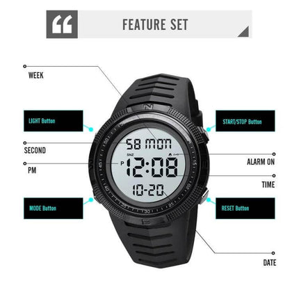 SKMEI Dual Time Display Luminous Watch with Alarm Function showing digital face, dual time zones, luminous display and labeled buttons