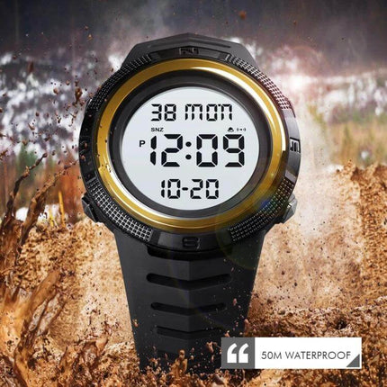 SKMEI Dual Time Display Luminous Watch with Alarm Function showing digital dual-time, luminous display and 50M waterproof rugged black and gold design