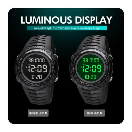 SKMEI Dual Time Display Luminous Watch with Alarm Function showing normal and luminous green light display for dual time tracking